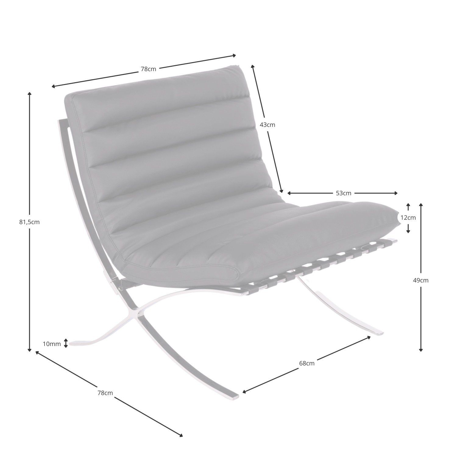 Afbeelding met de afmetingen van de design fauteuil Madrid