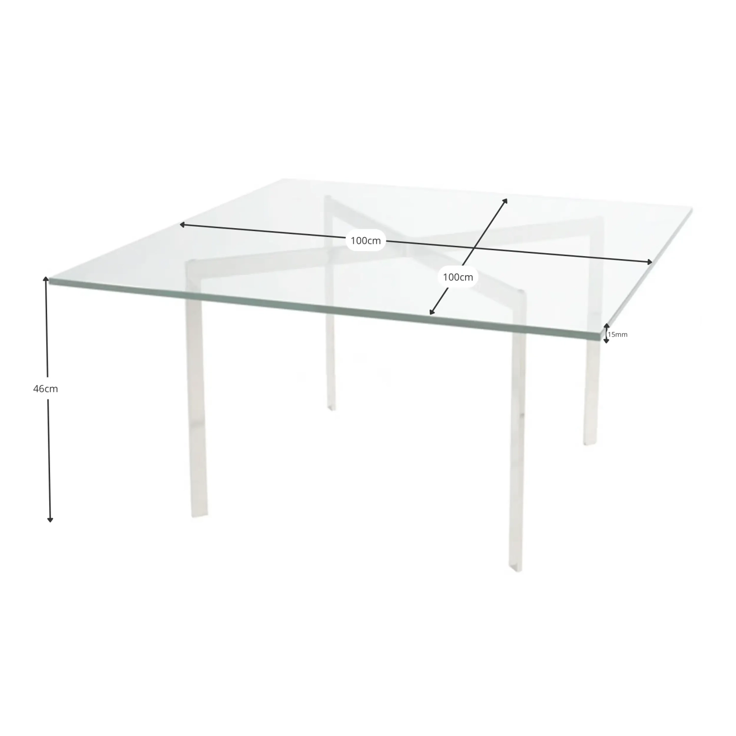 Stůl Mies Van Der Rohe 100x100 cm : tvrzené sklo a nerezová ocel