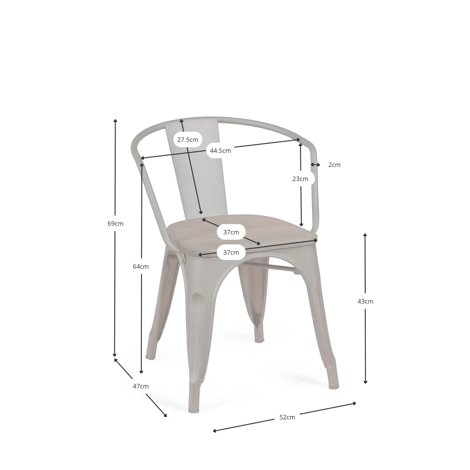 Bistro Silla de madera con brazos | Silla industrial con brazos y asiento de madera