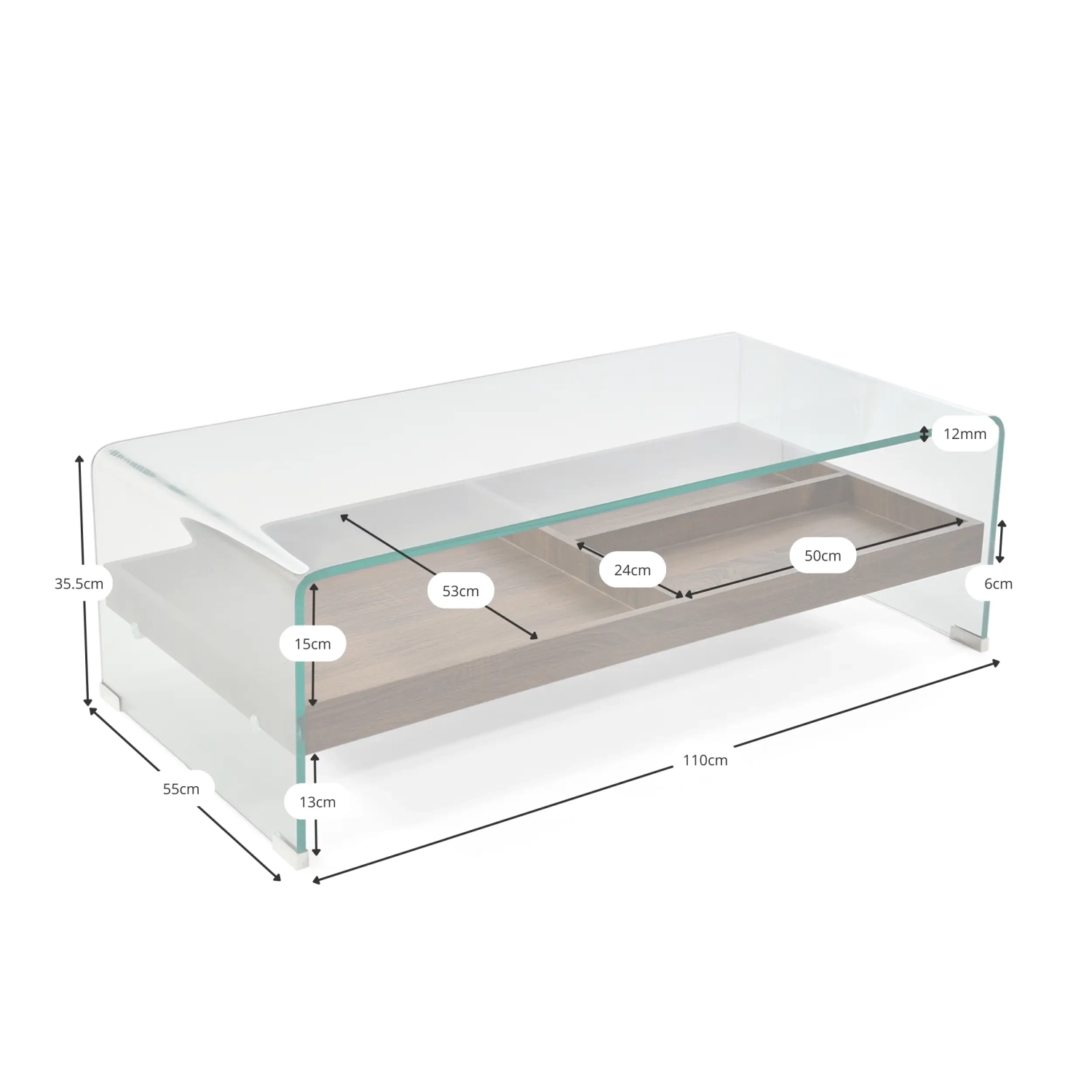 Mesa de centro Pot | Cristal templado con cajón de madera