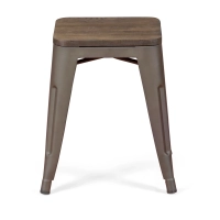 Taburete industrial bajo con asiento de madera Bistro Antique