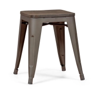 Taburete industrial bajo con asiento de madera Bistro Antique