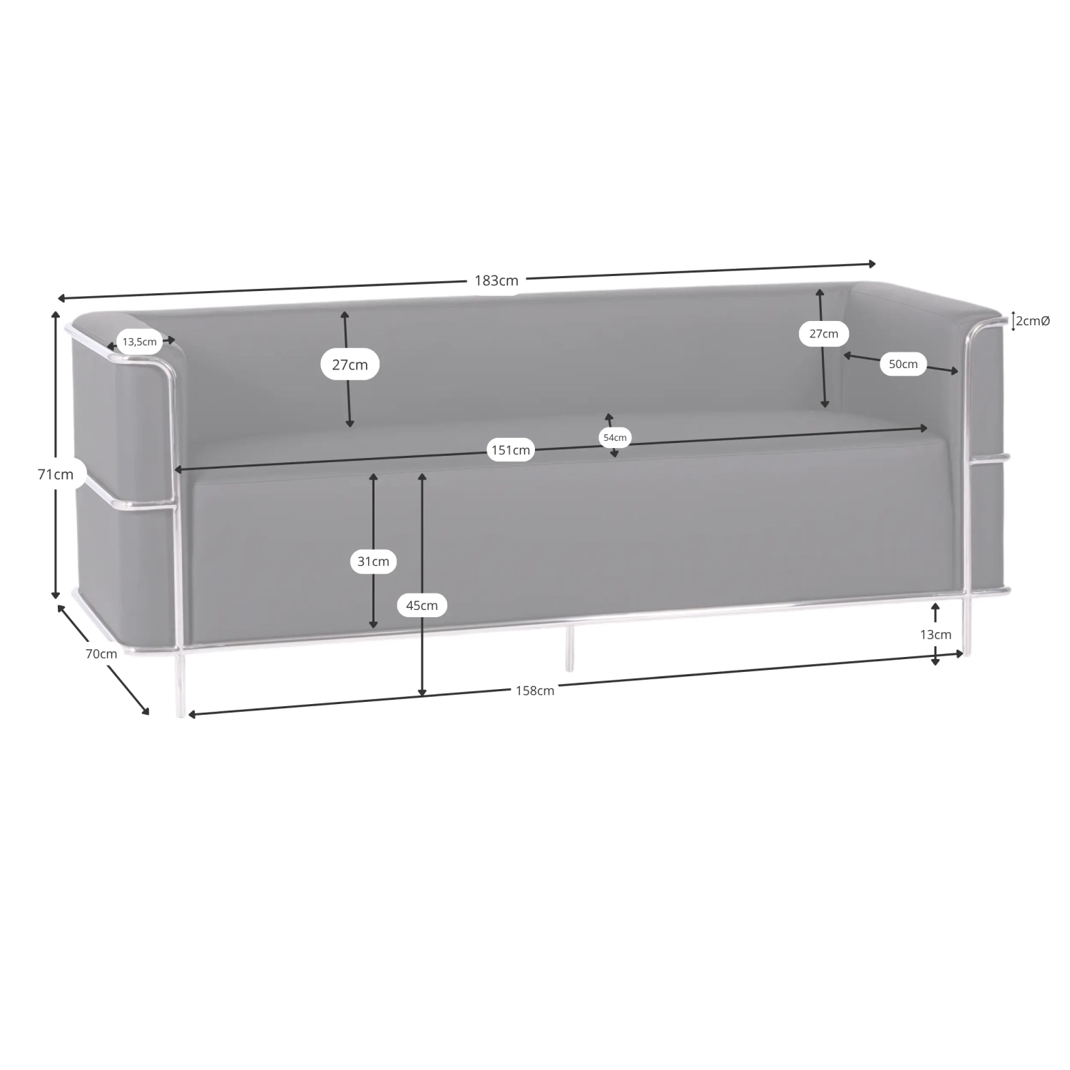 Torino 3-Sitzer-Sofa aus italienischem Leder | Gestell aus Edelstahl