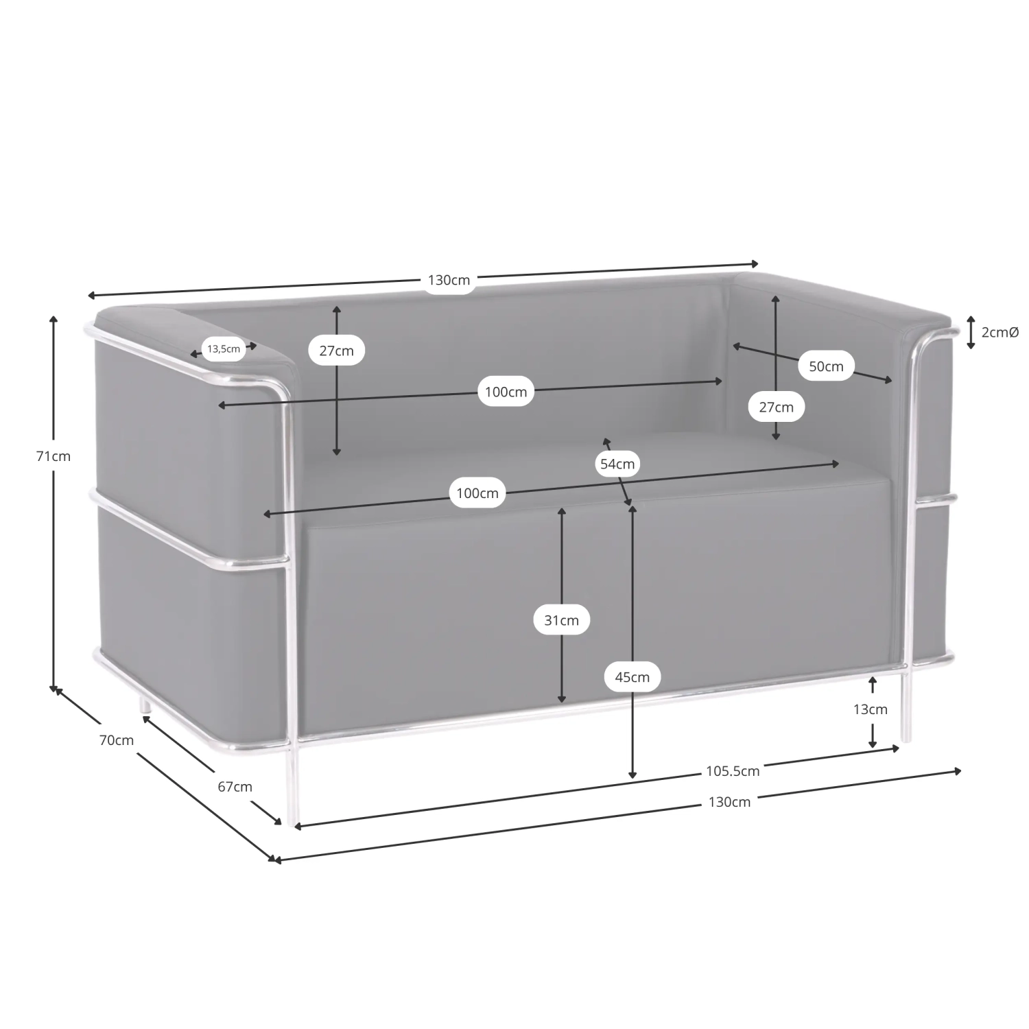 Torino 2-Sitzer-Sofa aus italienischem Leder | Gestell aus Edelstahl