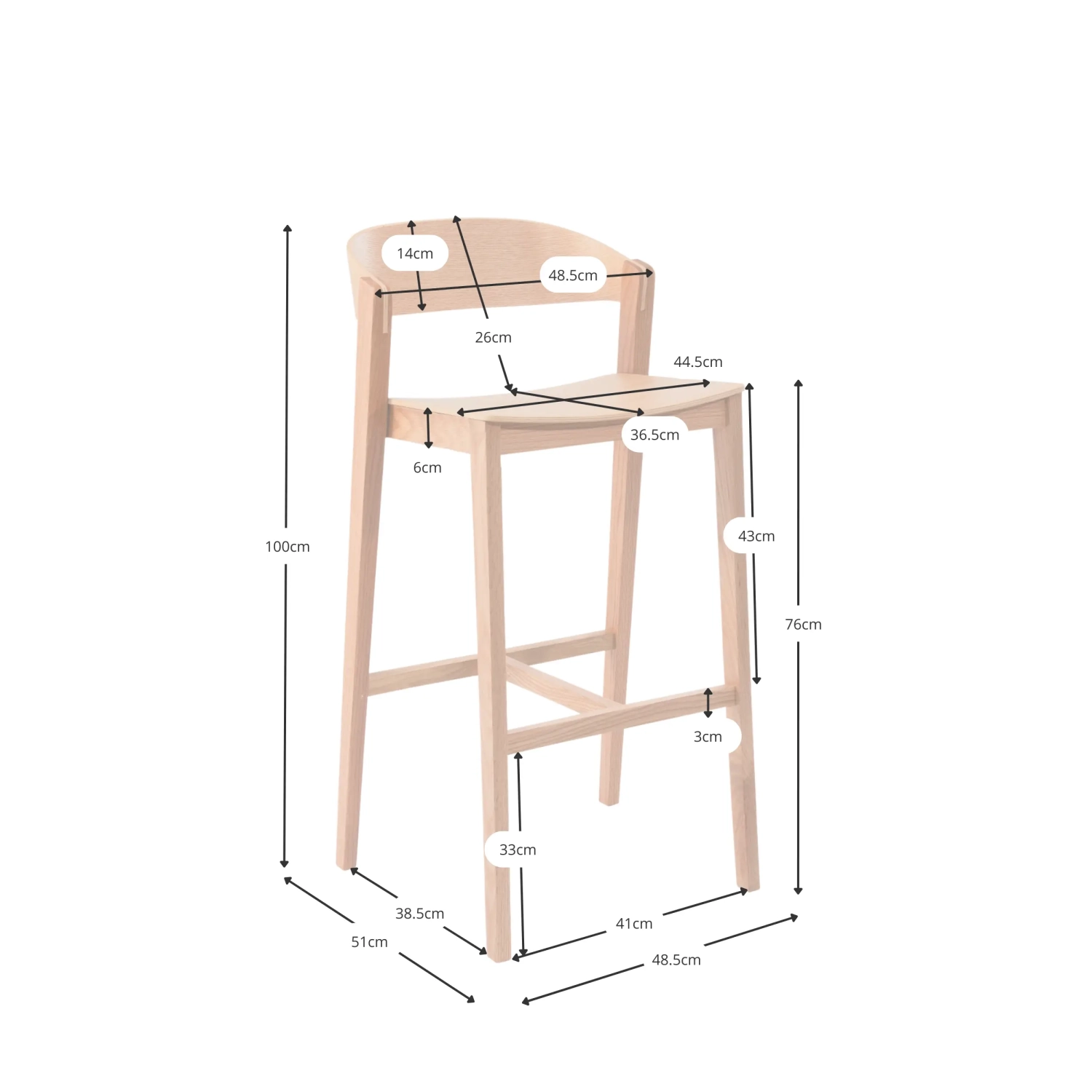 Soho Sgabello da bar in stile scandinavo 76 cm | Legno di rovere o noce