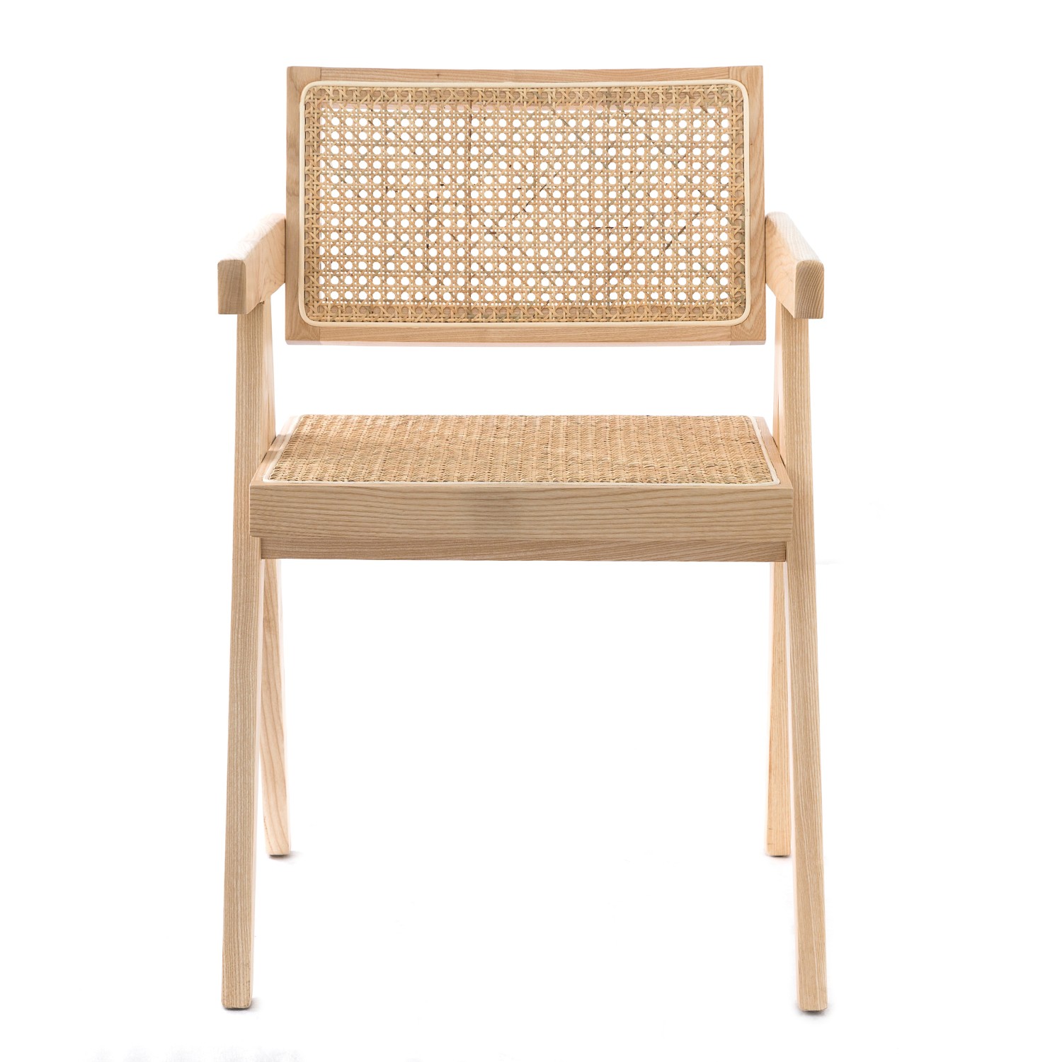 Suunnittelija Pierre Jeanneret'n replika Chandigarh-tuoli käsivarsilla 